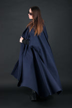 Dark blue sleeveless wool-blend cape with single-button closure and side pockets - cashmere-like feel, Carly | EUG Fashion #dark-blue
