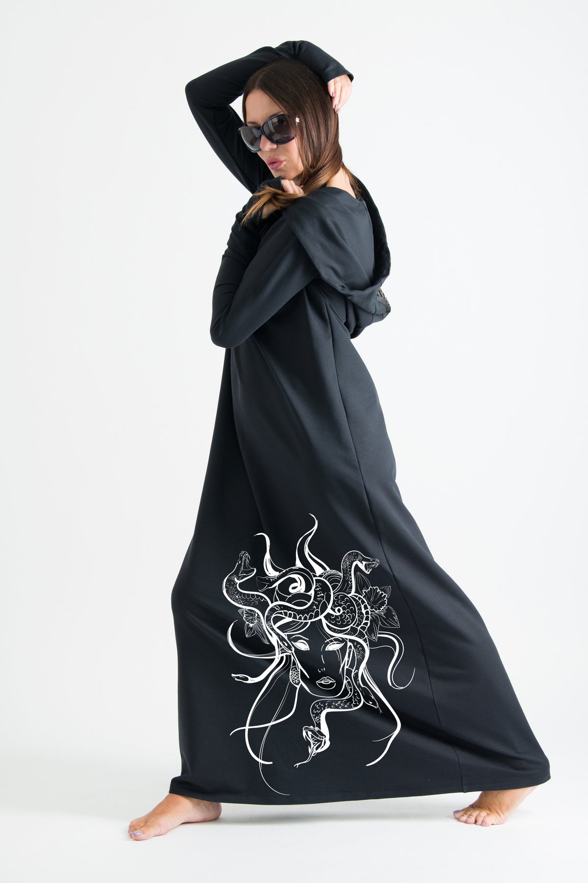 Black hooded octopus print maxi dress Tina with neoprene back band - EUG Fashion #black
