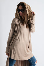 Beige viscose jersey tunic with chiffon hood and narrow long sleeves - wide asymmetric hem, Anie | EUG Fashion #beige
