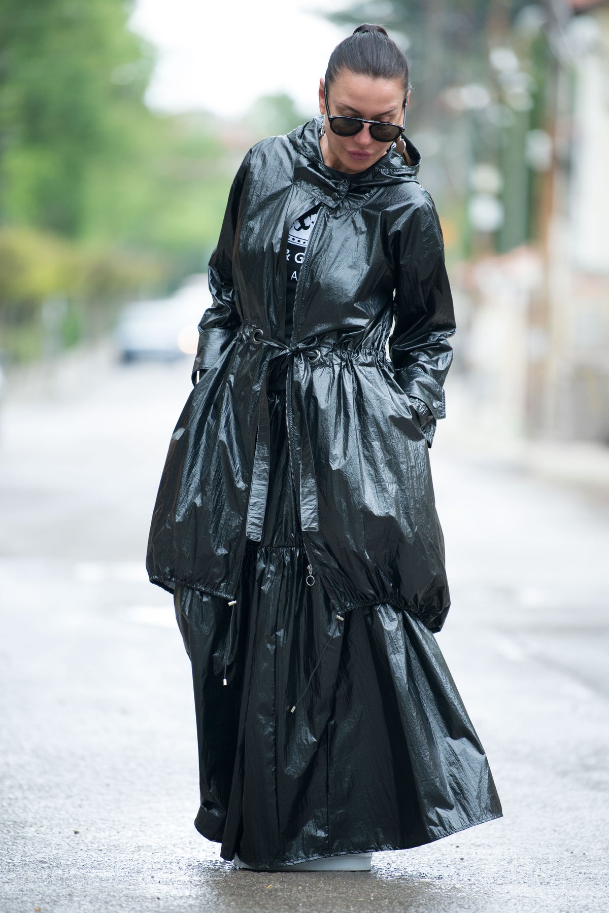 Black crinkle polyester windbreaker EUGF hooded balloon silhouette - EUG Fashion #black
