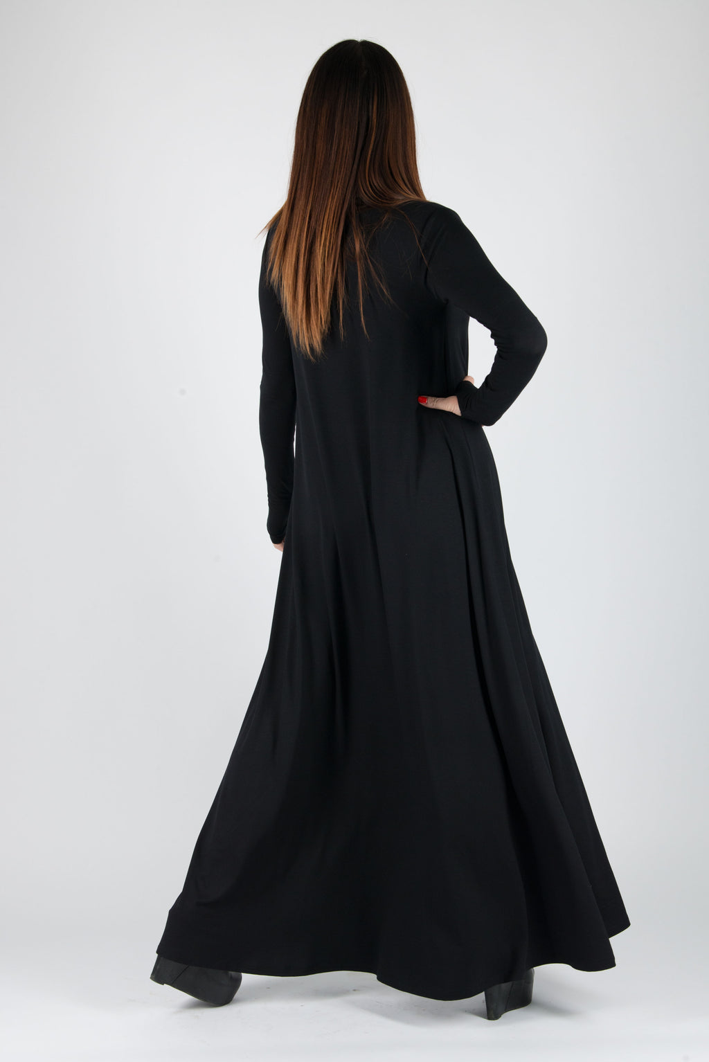 Black cotton-viscose turtleneck maxi dress Veronica with thumb holes - EUG Fashion #black
