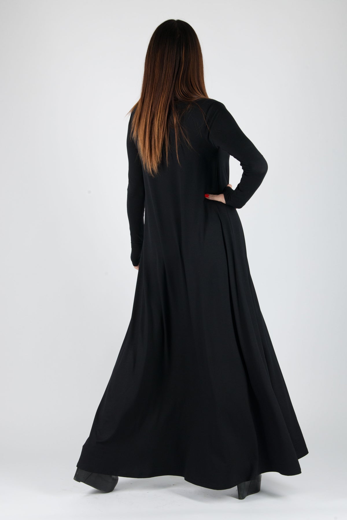 Black cotton-viscose turtleneck maxi dress Veronica with thumb holes - EUG Fashion #black
