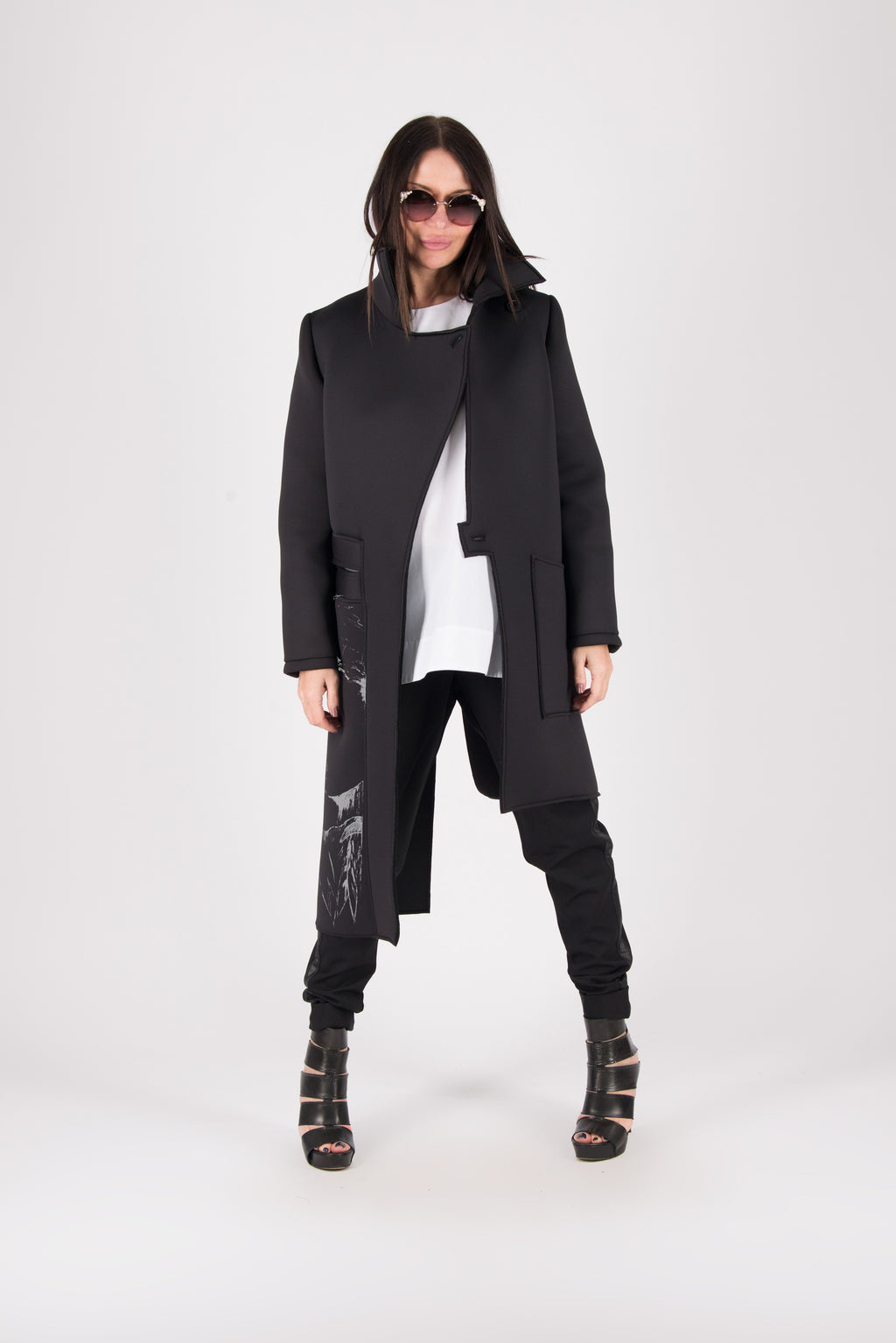 Black neoprene long asymmetric jacket Emma with print - EUG Fashion #black
