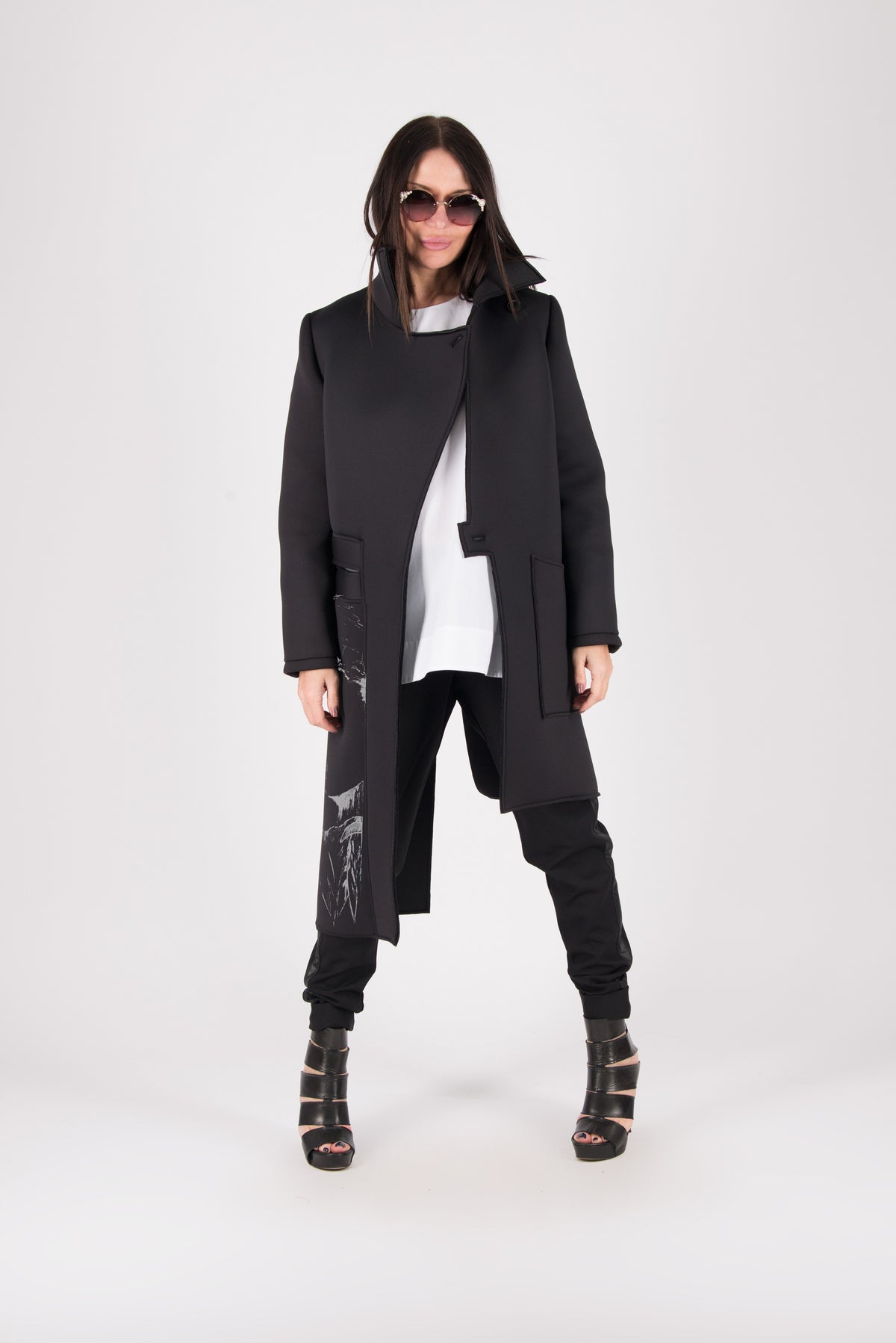 Black neoprene long asymmetric jacket Emma with print - EUG Fashion #black
