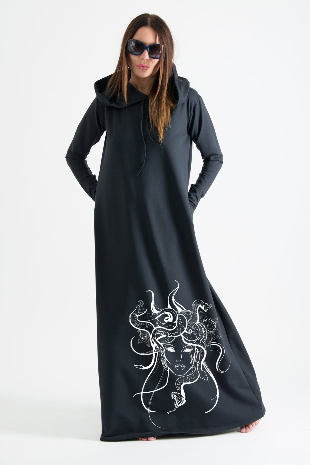 Black hooded octopus print maxi dress Tina with neoprene back band - EUG Fashion #black
