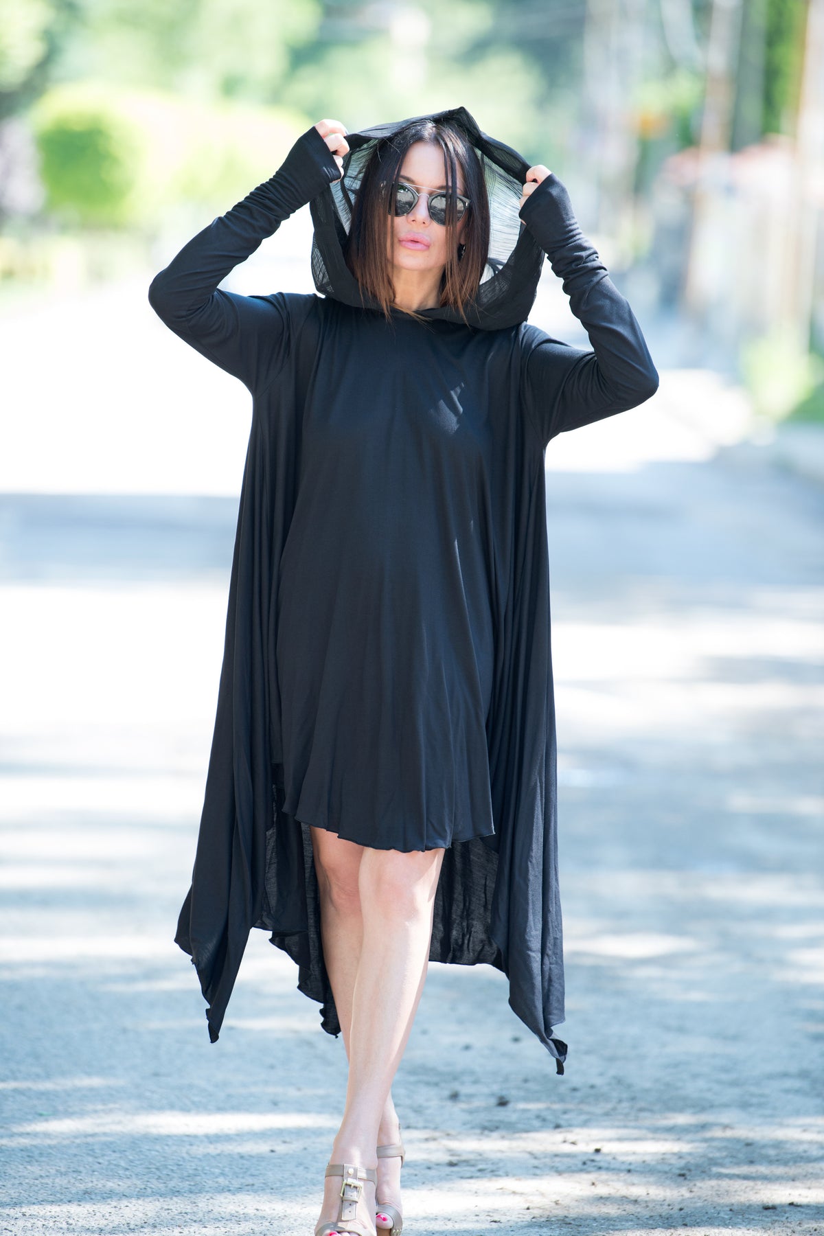 Black viscose jersey tunic with chiffon hood and narrow long sleeves - wide asymmetric hem, Anie | EUG Fashion #black
