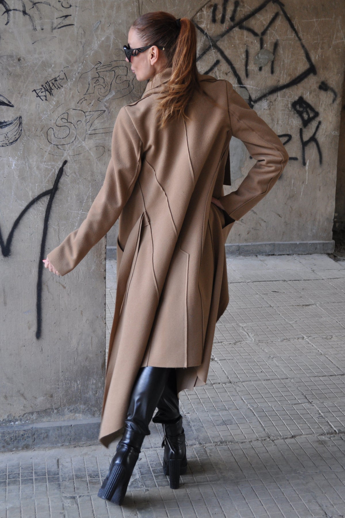Light brown wool cashmere wrap coat Victoria with belt - EUG Fashion #light-brown
