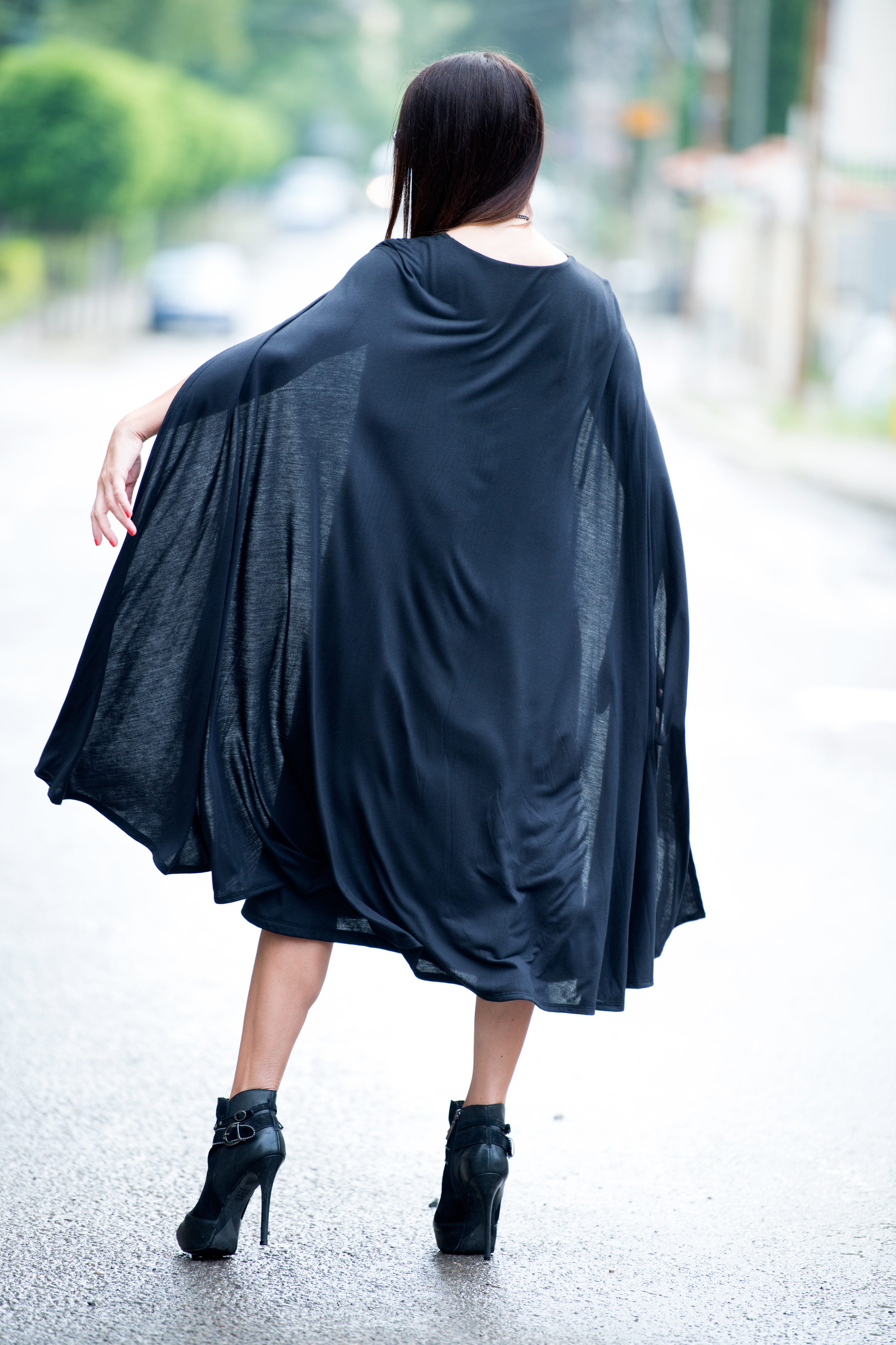 jersey black mid length dress - EUG fashion