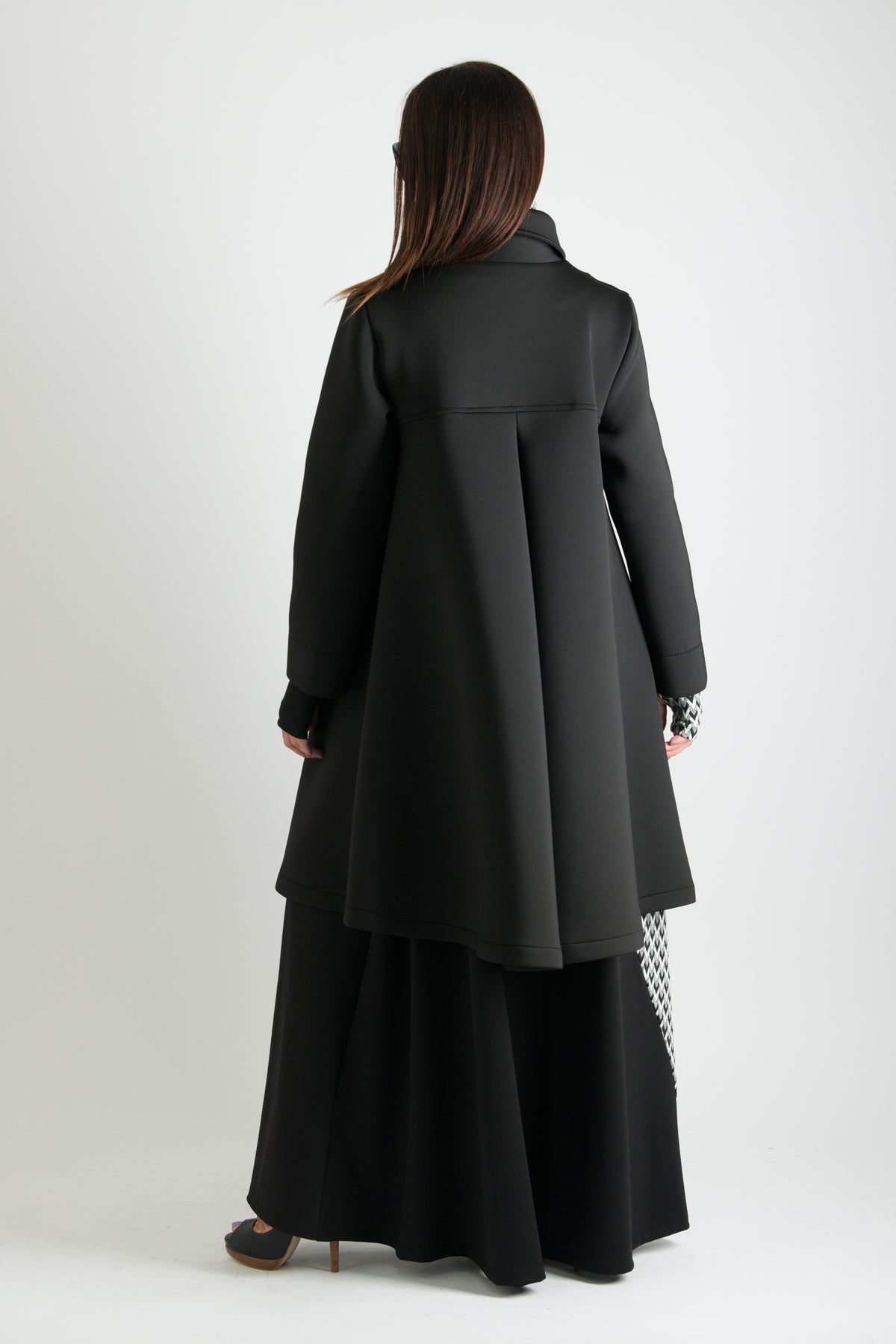 Black neoprene A-line blazer coat Kylie double-breasted - EUG Fashion #black
