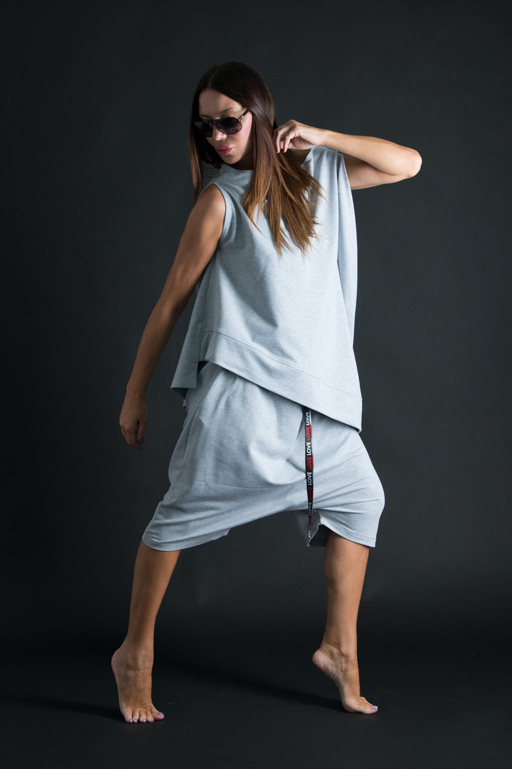 Light Grey French terry cotton set - asymmetric wrap top and elastic-waist harem pants, Piano | EUG Fashion #light-grey
