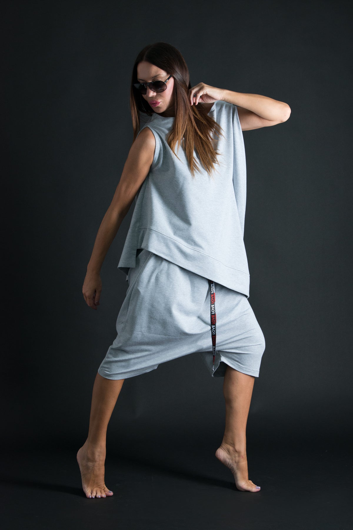 Light Grey French terry cotton set - asymmetric wrap top and elastic-waist harem pants, Piano | EUG Fashion #light-grey