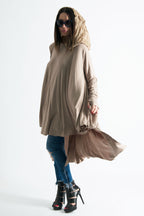 Beige viscose jersey tunic with chiffon hood and narrow long sleeves - wide asymmetric hem, Anie | EUG Fashion #beige

