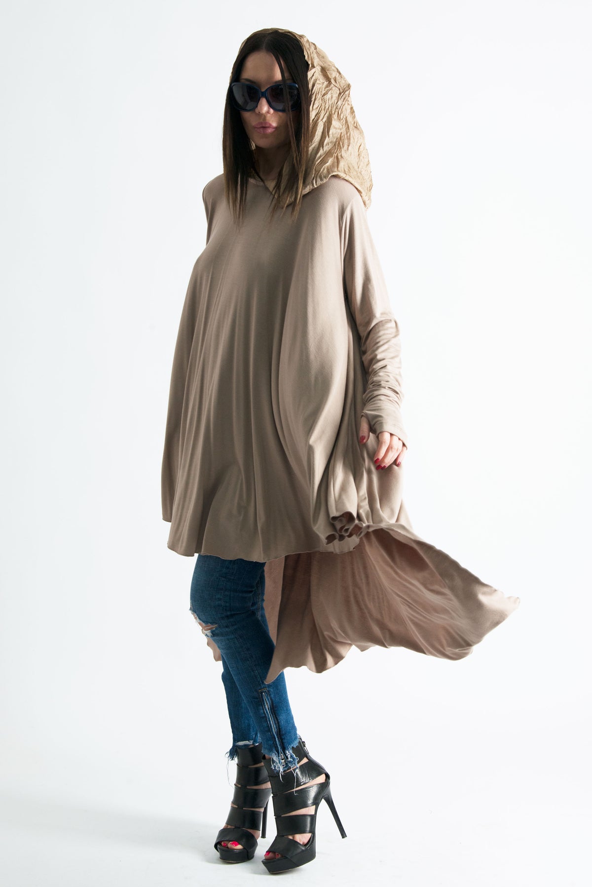 Beige viscose jersey tunic with chiffon hood and narrow long sleeves - wide asymmetric hem, Anie | EUG Fashion #beige

