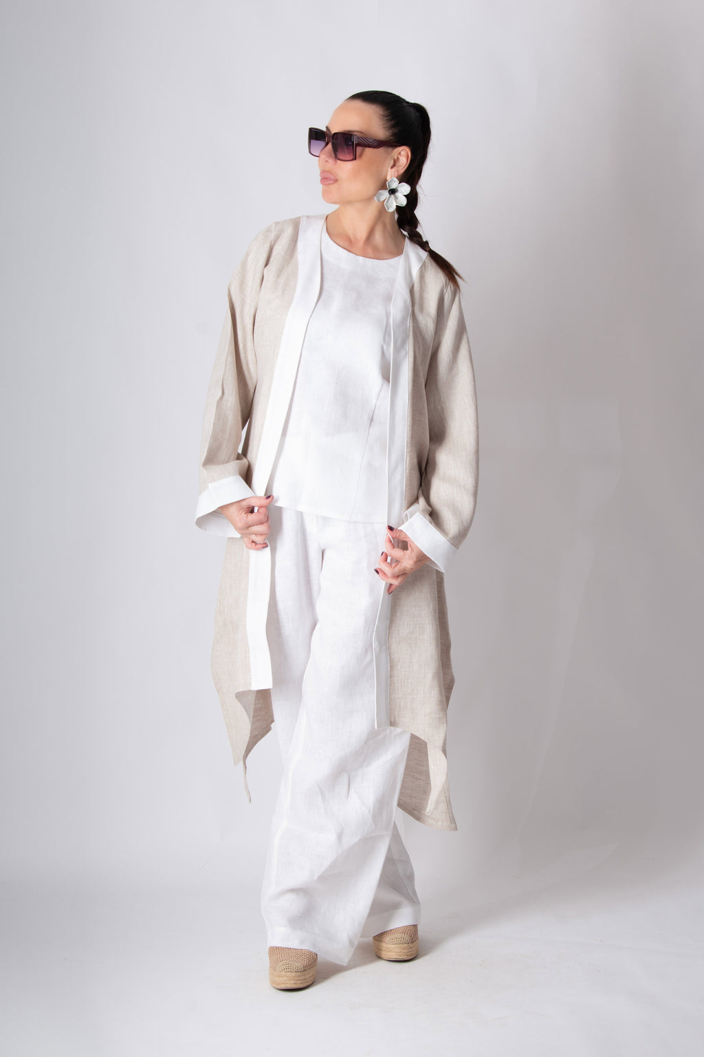 Natural wide linen vest with white trim on front and cuffs - wide sleeves, Genoa | EUG Fashion #natural
