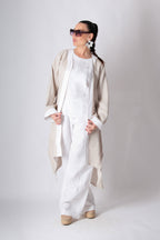 Natural wide linen vest with white trim on front and cuffs - wide sleeves, Genoa | EUG Fashion #natural
