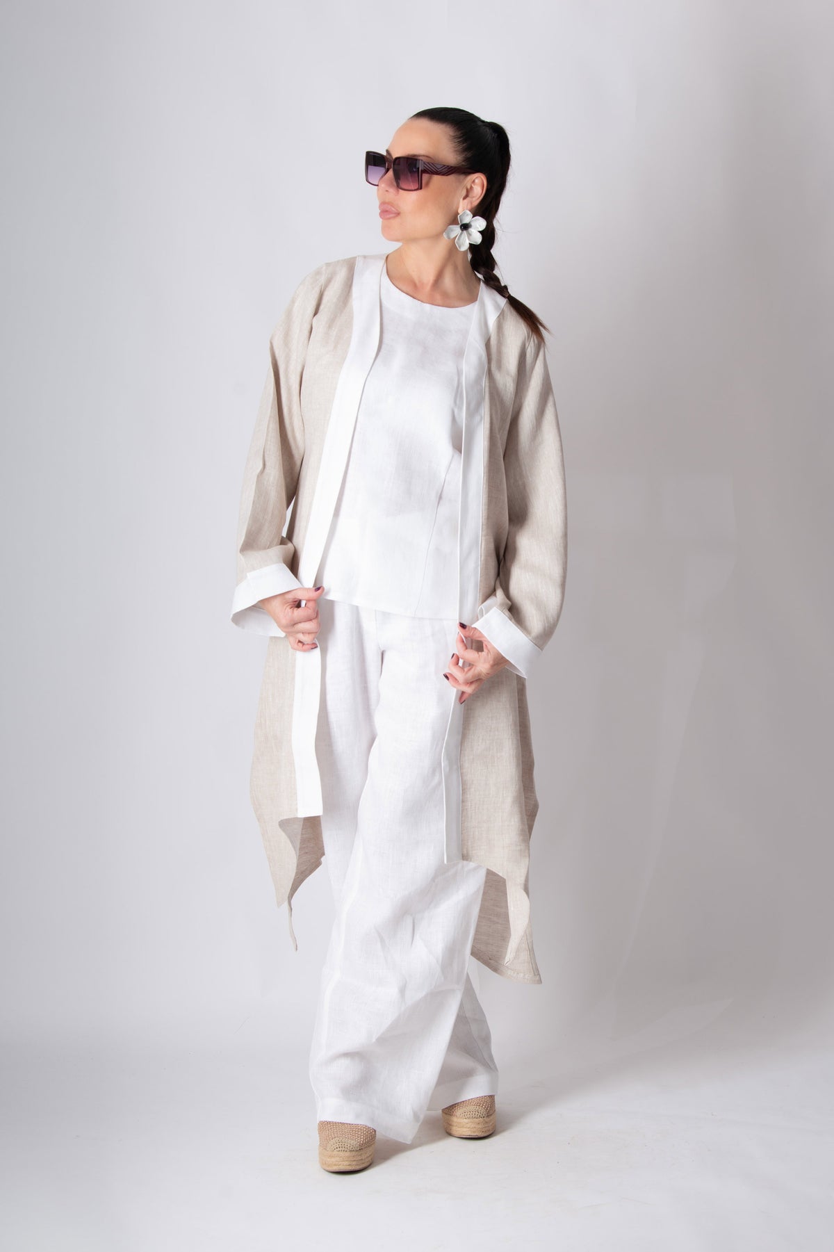 Natural wide linen vest with white trim on front and cuffs - wide sleeves, Genoa | EUG Fashion #natural

