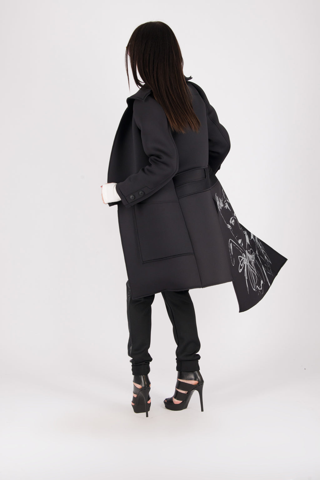Black neoprene long asymmetric jacket Emma with print - EUG Fashion #black
