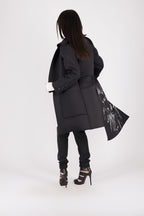 Black neoprene long asymmetric jacket Emma with print - EUG Fashion #black
