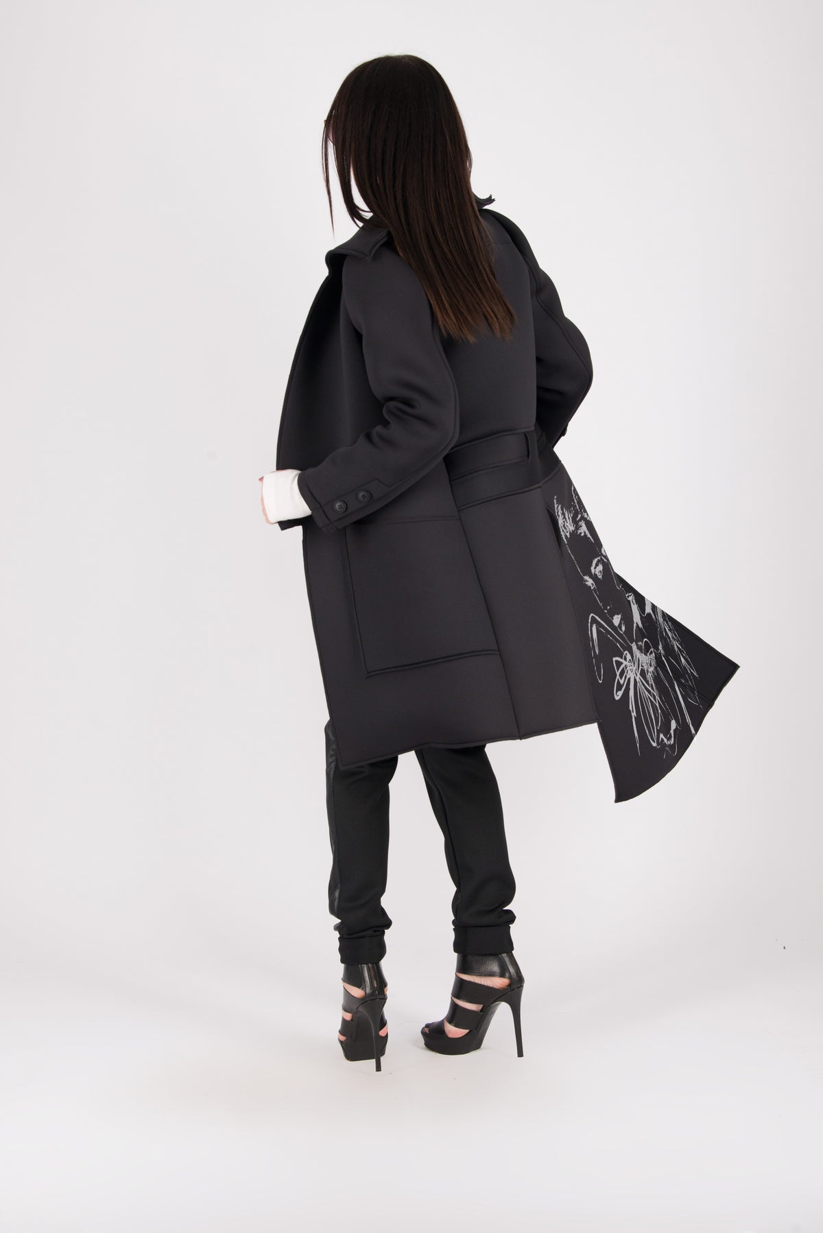 Black neoprene long asymmetric jacket Emma with print - EUG Fashion #black
