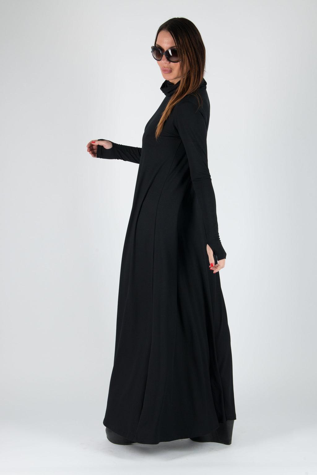 Black cotton-viscose turtleneck maxi dress Veronica with thumb holes - EUG Fashion #black
