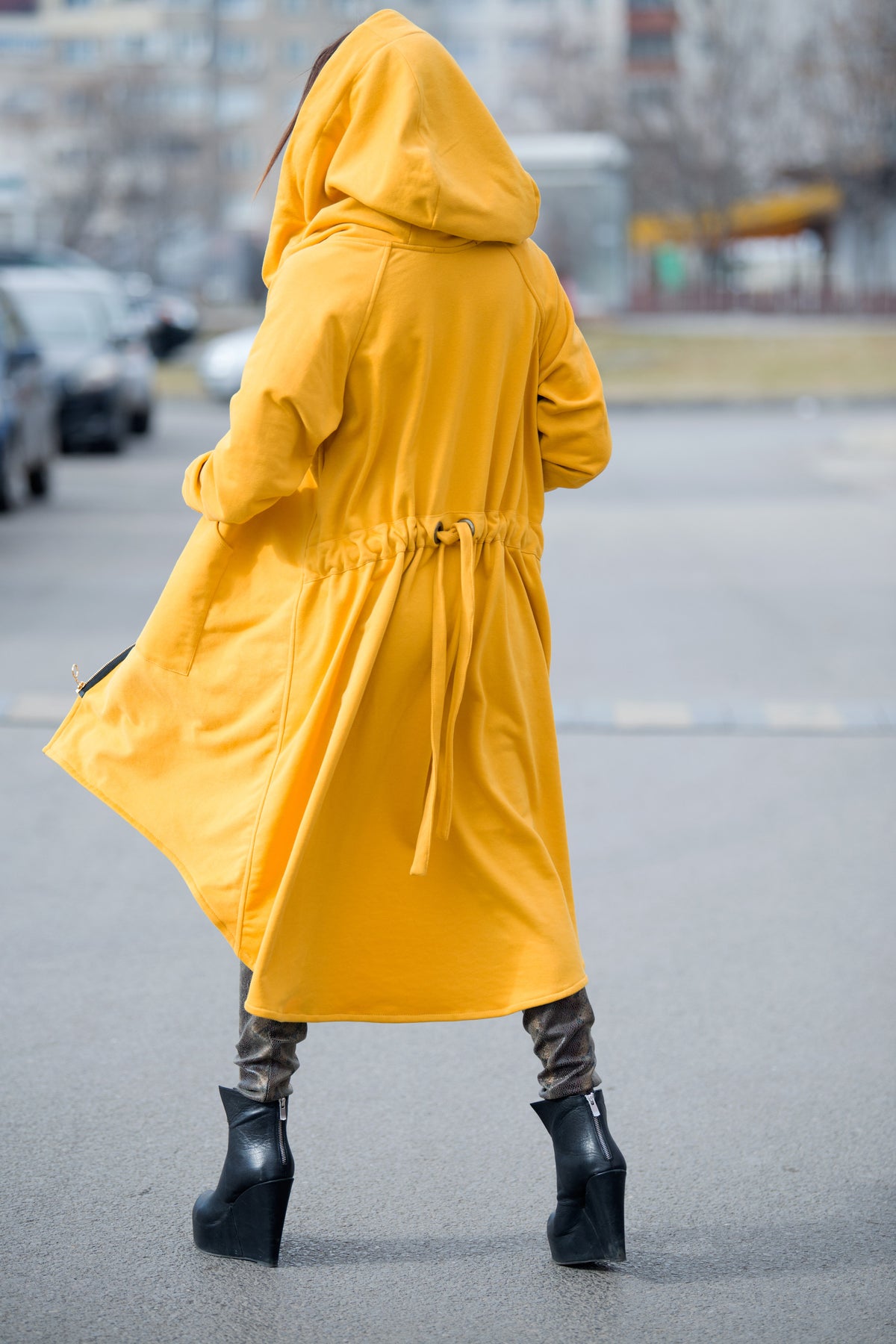 Mustard cotton terry zip-up hoodie - asymmetric cut, waist drawstring and two fastening tabs, Brandy | EUG Fashion #mustard