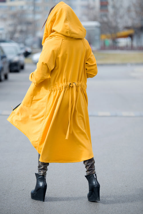 Mustard cotton terry zip-up hoodie - asymmetric cut, waist drawstring and two fastening tabs, Brandy | EUG Fashion #mustard