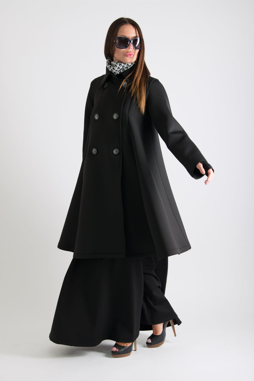 Black neoprene A-line blazer coat Kylie double-breasted - EUG Fashion #black
