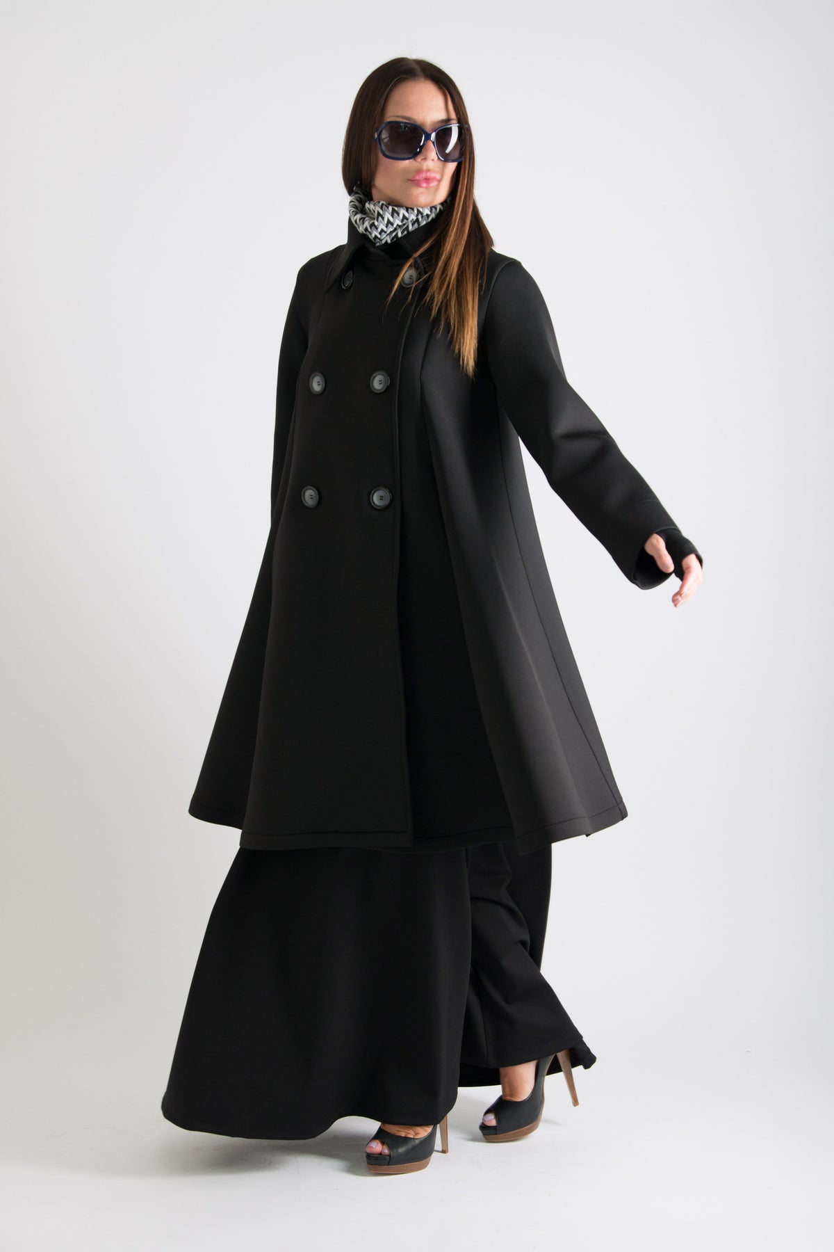Black neoprene A-line blazer coat Kylie double-breasted - EUG Fashion #black
