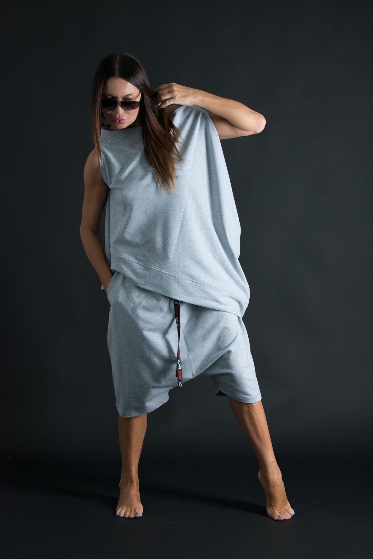 Light Grey French terry cotton set - asymmetric wrap top and elastic-waist harem pants, Piano | EUG Fashion #light-grey