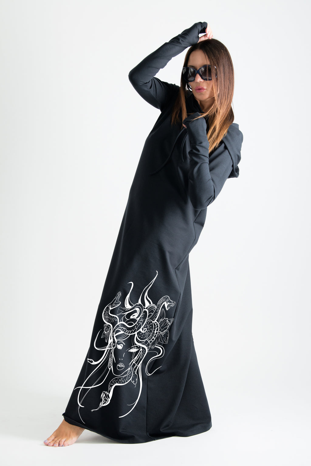 Black hooded octopus print maxi dress Tina with neoprene back band - EUG Fashion #black
