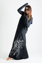 Black hooded octopus print maxi dress Tina with neoprene back band - EUG Fashion #black
