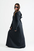 Black hooded maxi dress Tina cotton terry with neoprene back band - EUG Fashion #black

