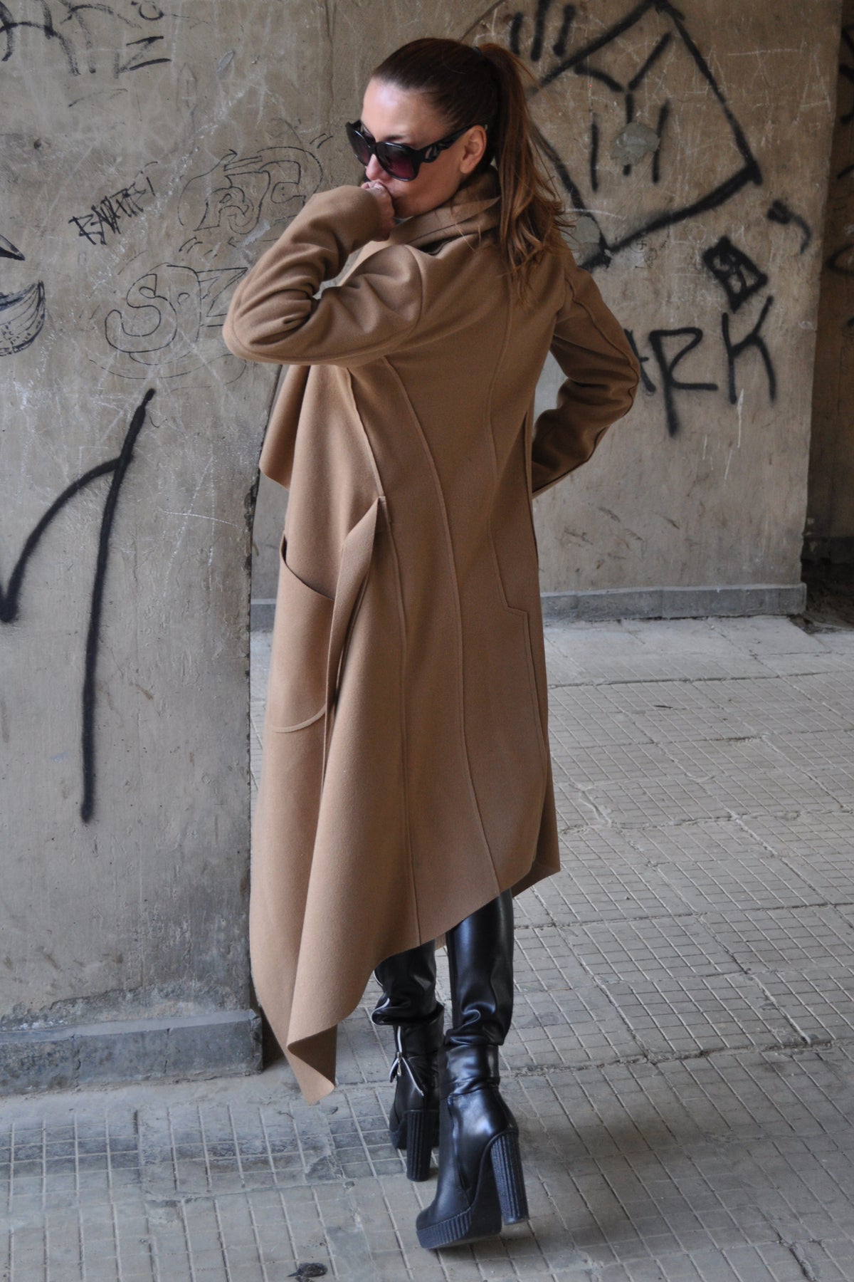 Light brown wool cashmere wrap coat Victoria with belt - EUG Fashion #light-brown
