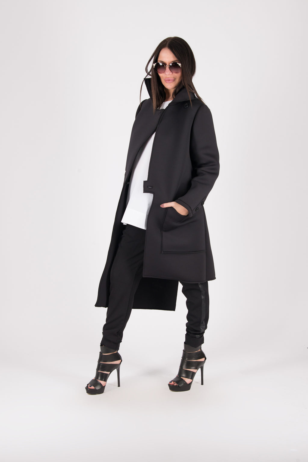 Black neoprene long asymmetric jacket Emma with print - EUG Fashion #black

