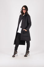 Black neoprene long asymmetric jacket Emma with print - EUG Fashion #black
