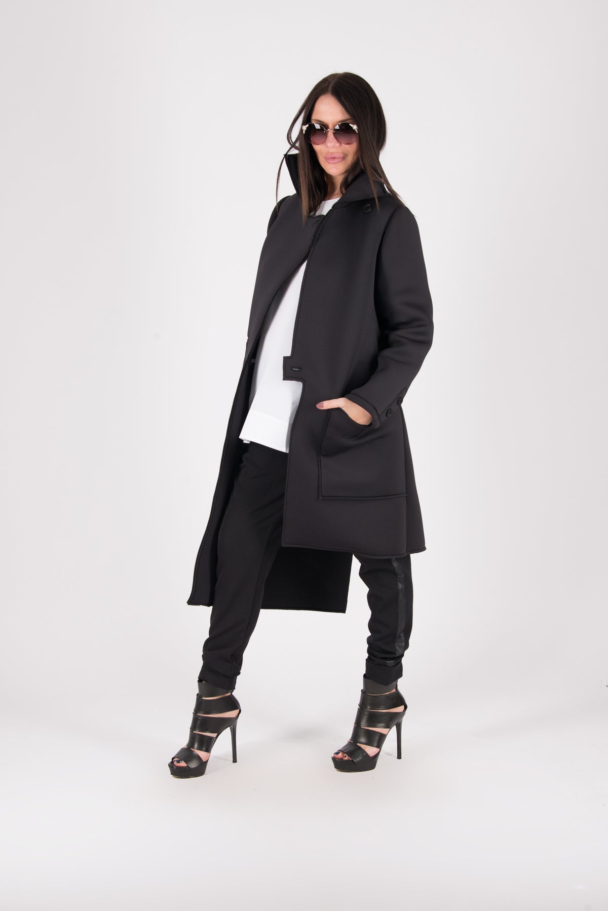 Black neoprene long asymmetric jacket Emma with print - EUG Fashion #black
