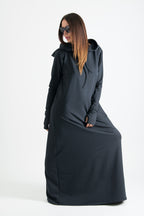 Black hooded maxi dress Tina cotton terry with neoprene back band - EUG Fashion #black
