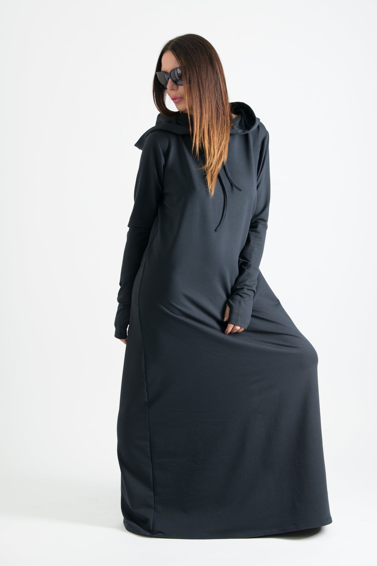 Black hooded maxi dress Tina cotton terry with neoprene back band - EUG Fashion #black
