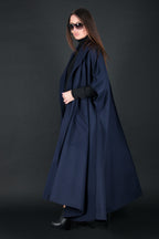 Dark blue sleeveless wool-blend cape with single-button closure and side pockets - cashmere-like feel, Carly | EUG Fashion #dark-blue
