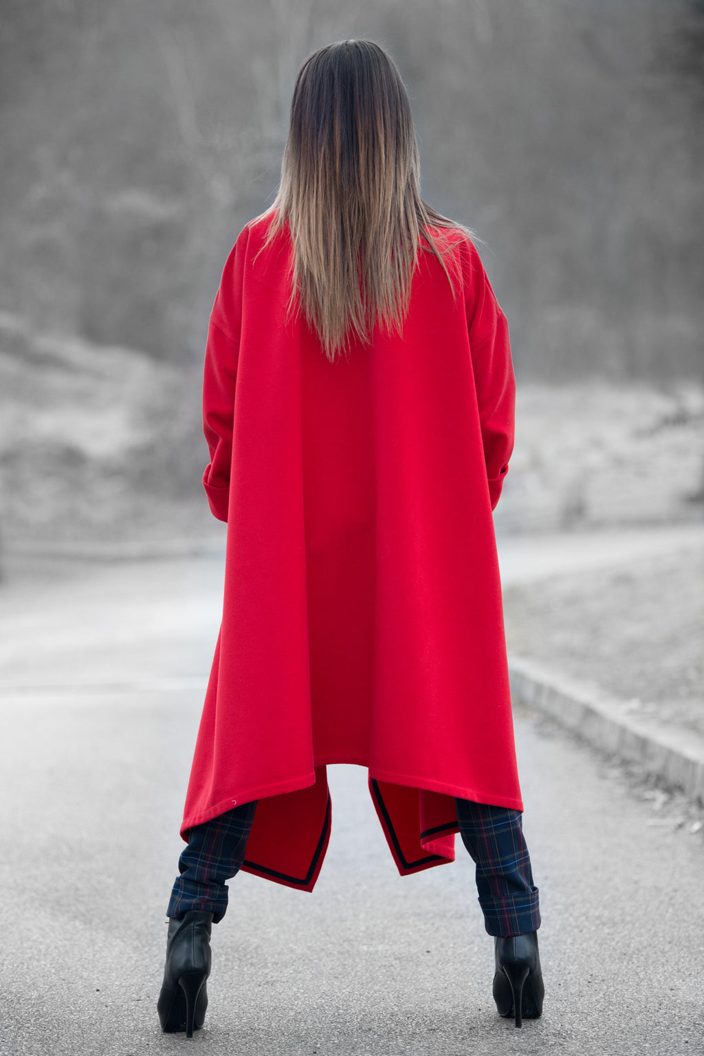 Red cashmere-feel cape coat with decorative side zippers and classic collar - asymmetric unlined design, Federica | EUG Fashion #red
