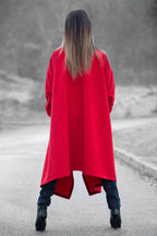 Red cashmere-feel cape coat with decorative side zippers and classic collar - asymmetric unlined design, Federica | EUG Fashion #red
