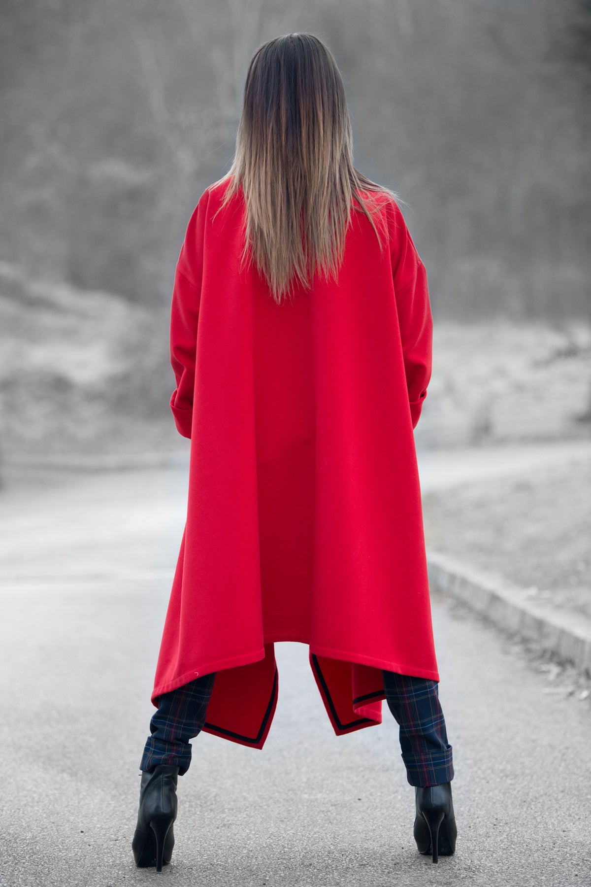 Red cashmere-feel cape coat with decorative side zippers and classic collar - asymmetric unlined design, Federica | EUG Fashion #red
