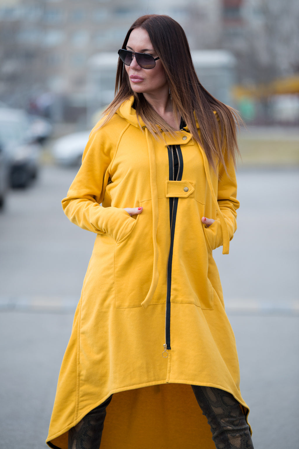 Mustard cotton terry zip-up hoodie - asymmetric cut, waist drawstring and two fastening tabs, Brandy | EUG Fashion #mustard
