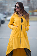 Mustard cotton terry zip-up hoodie - asymmetric cut, waist drawstring and two fastening tabs, Brandy | EUG Fashion #mustard