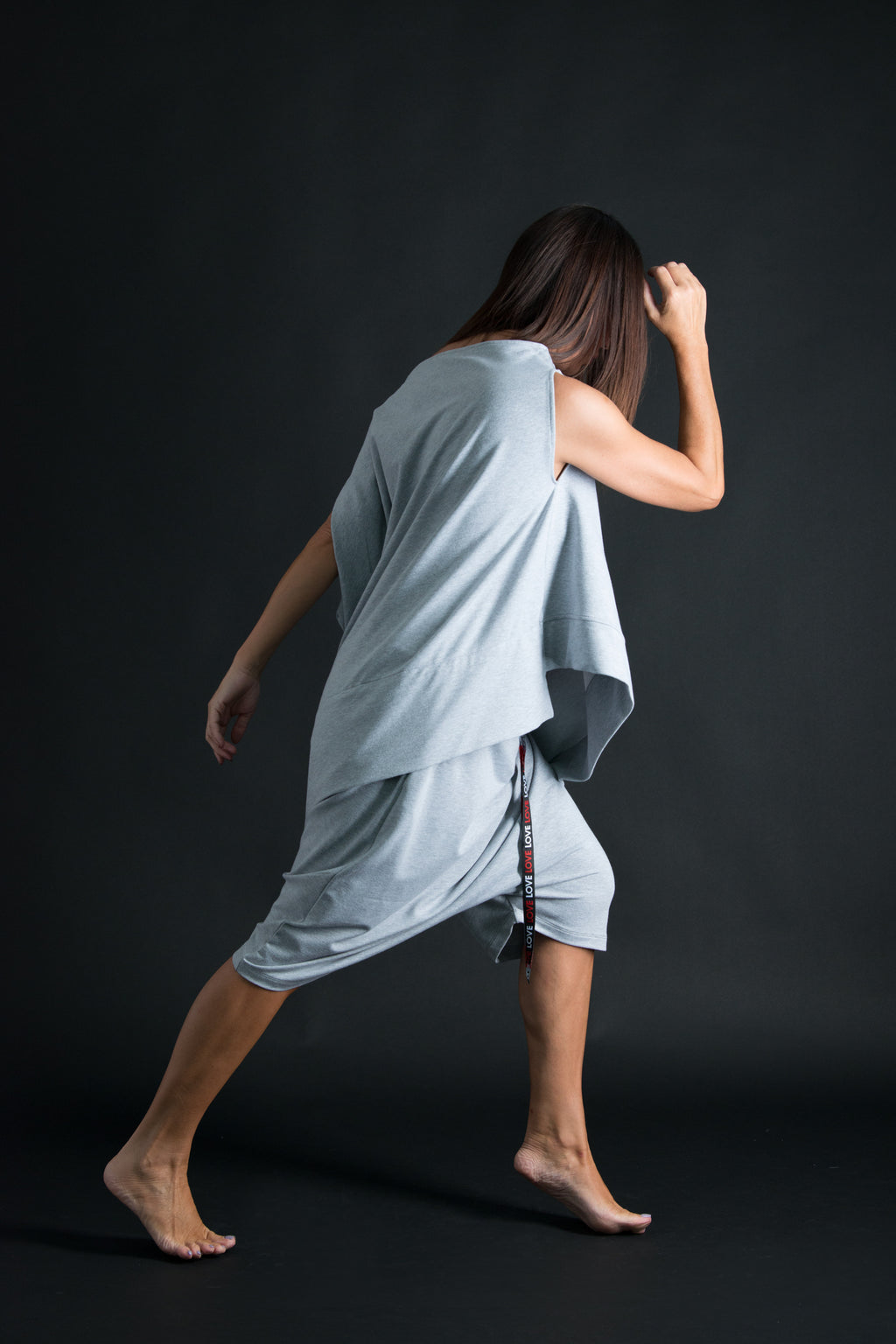 Light Grey French terry cotton set - asymmetric wrap top and elastic-waist harem pants, Piano | EUG Fashion #light-grey