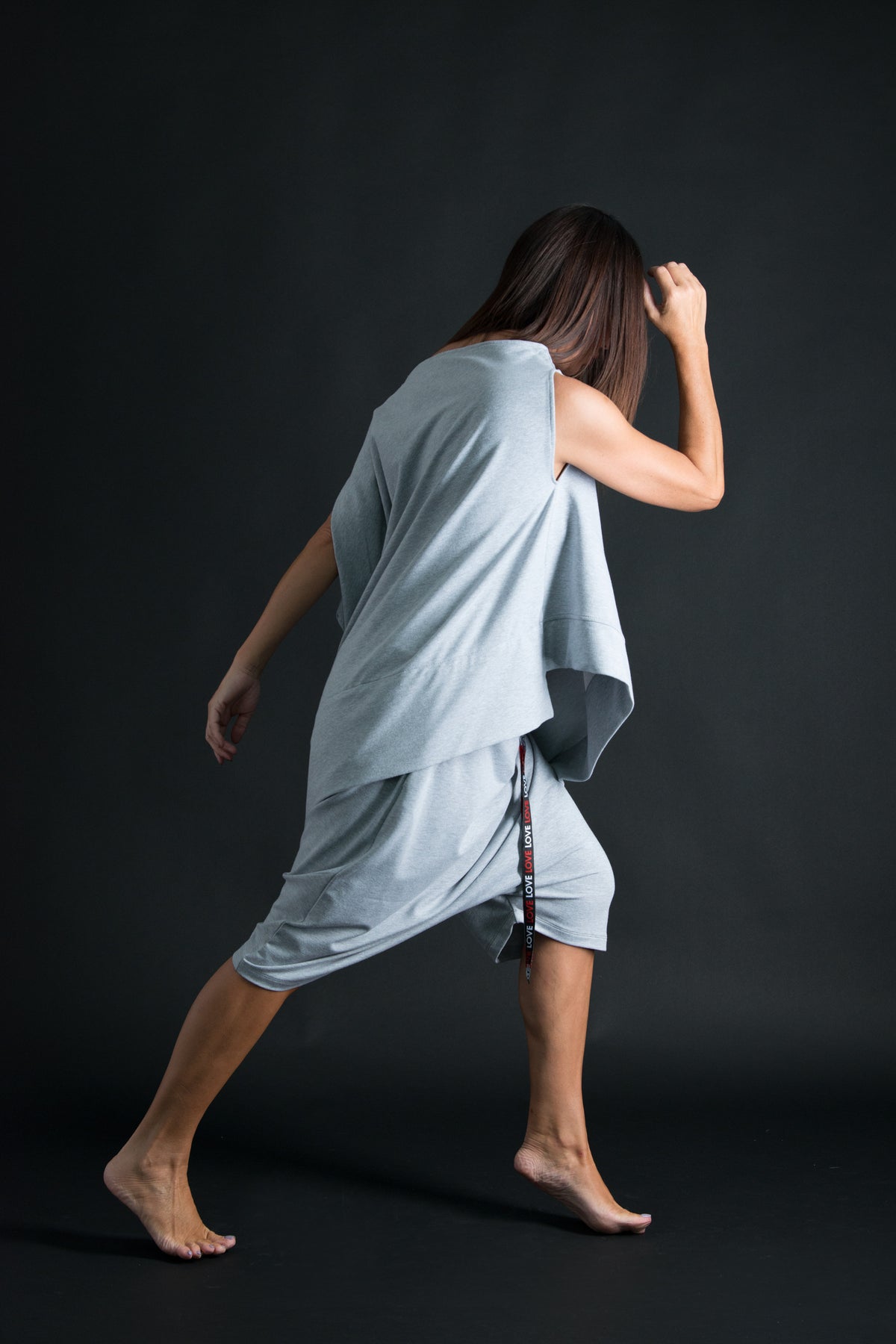Light Grey French terry cotton set - asymmetric wrap top and elastic-waist harem pants, Piano | EUG Fashion #light-grey