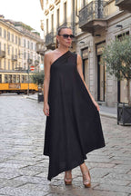 one shoulder linen dress #black