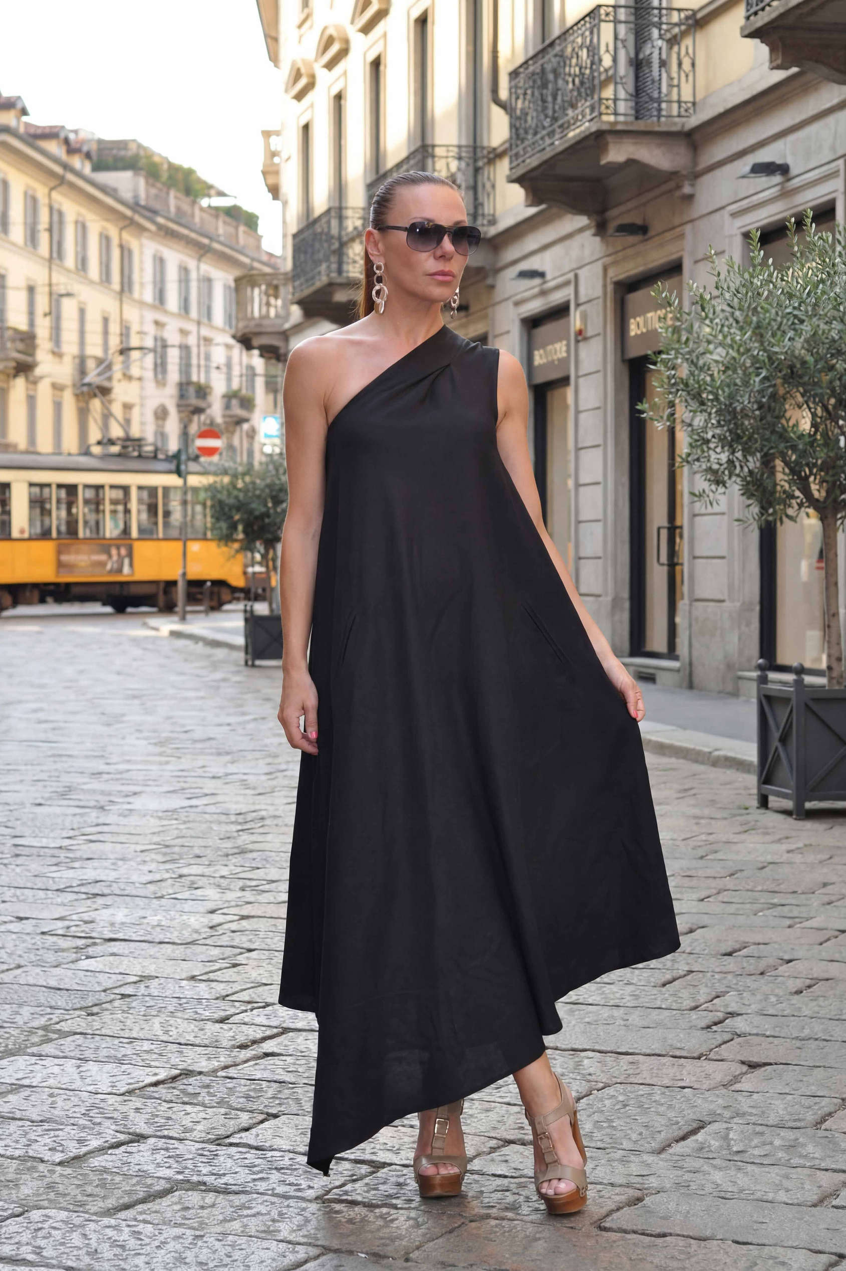 one shoulder linen dress #black