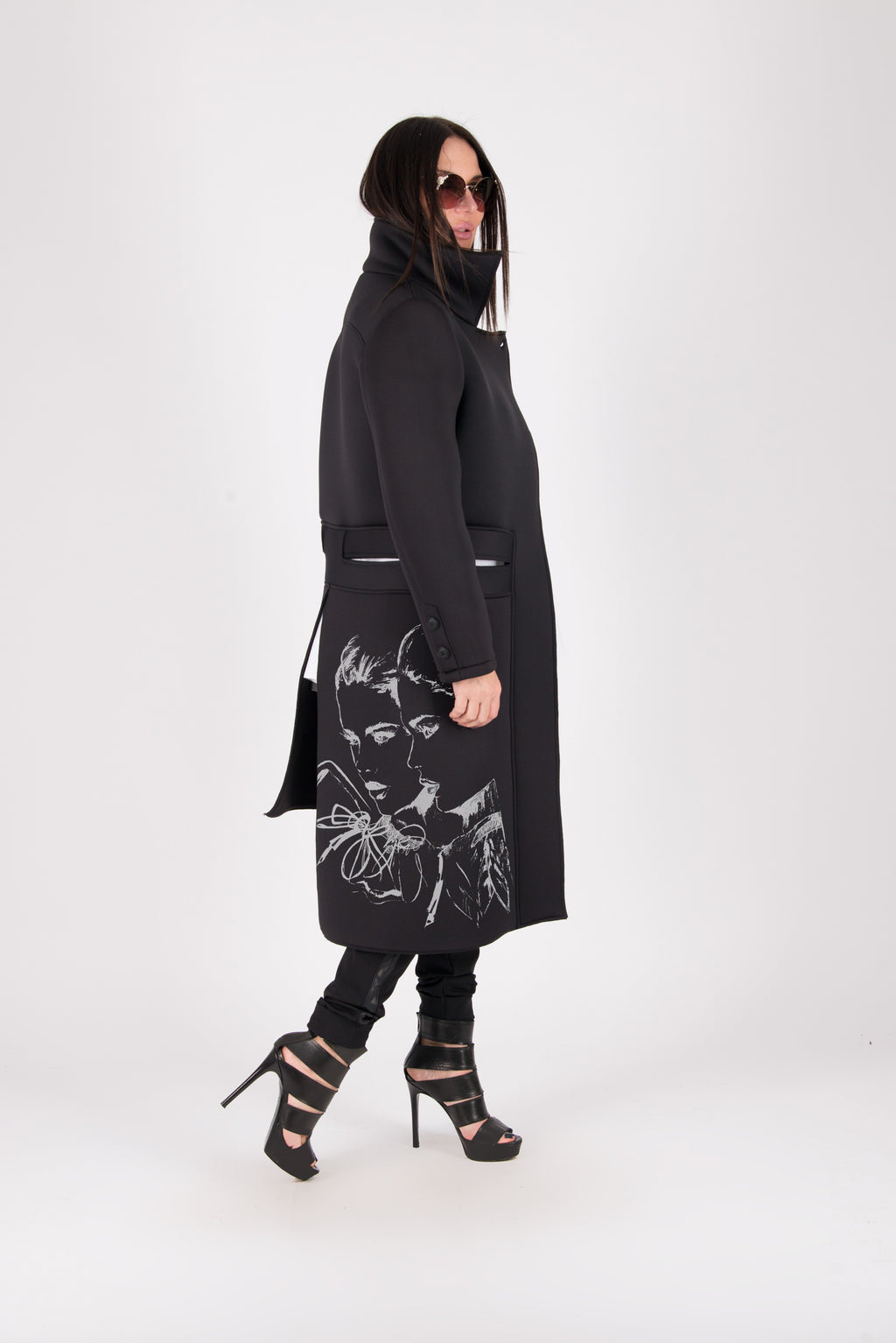 Black neoprene long asymmetric jacket Emma with print - EUG Fashion #black
