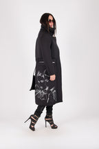Black neoprene long asymmetric jacket Emma with print - EUG Fashion #black
